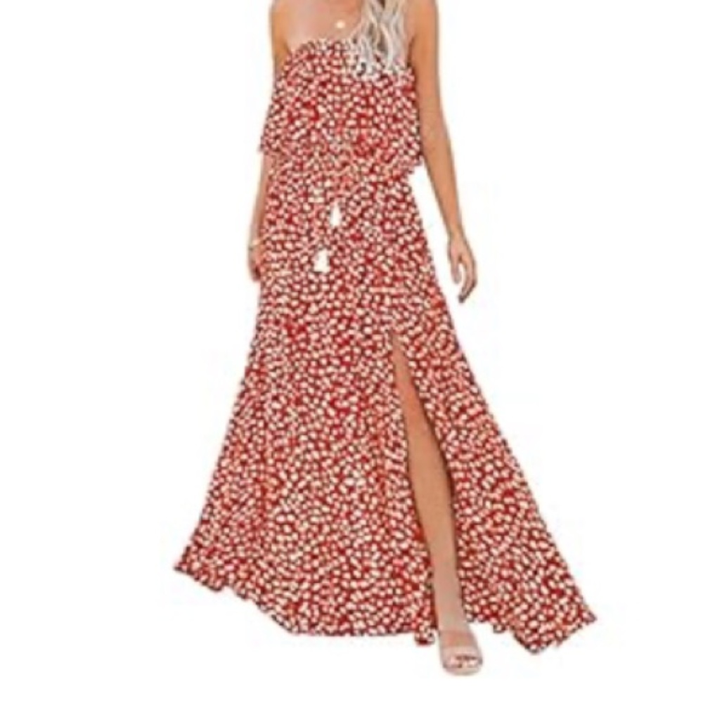 🍓 Red maxi dress with white dots, tie string